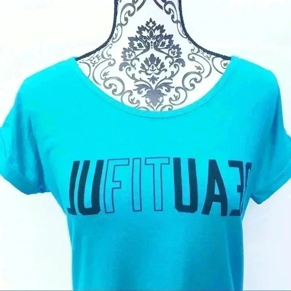 REEBOK Turquoise Scoop Neck “Beautiful” Open Criss Cross Back Athletic Tee (M) - Picture 3 of 8